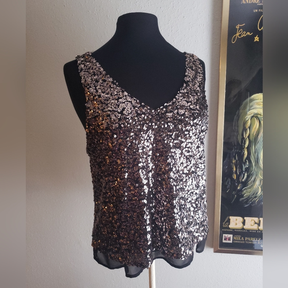 Black And Gold Sequined Tank Top